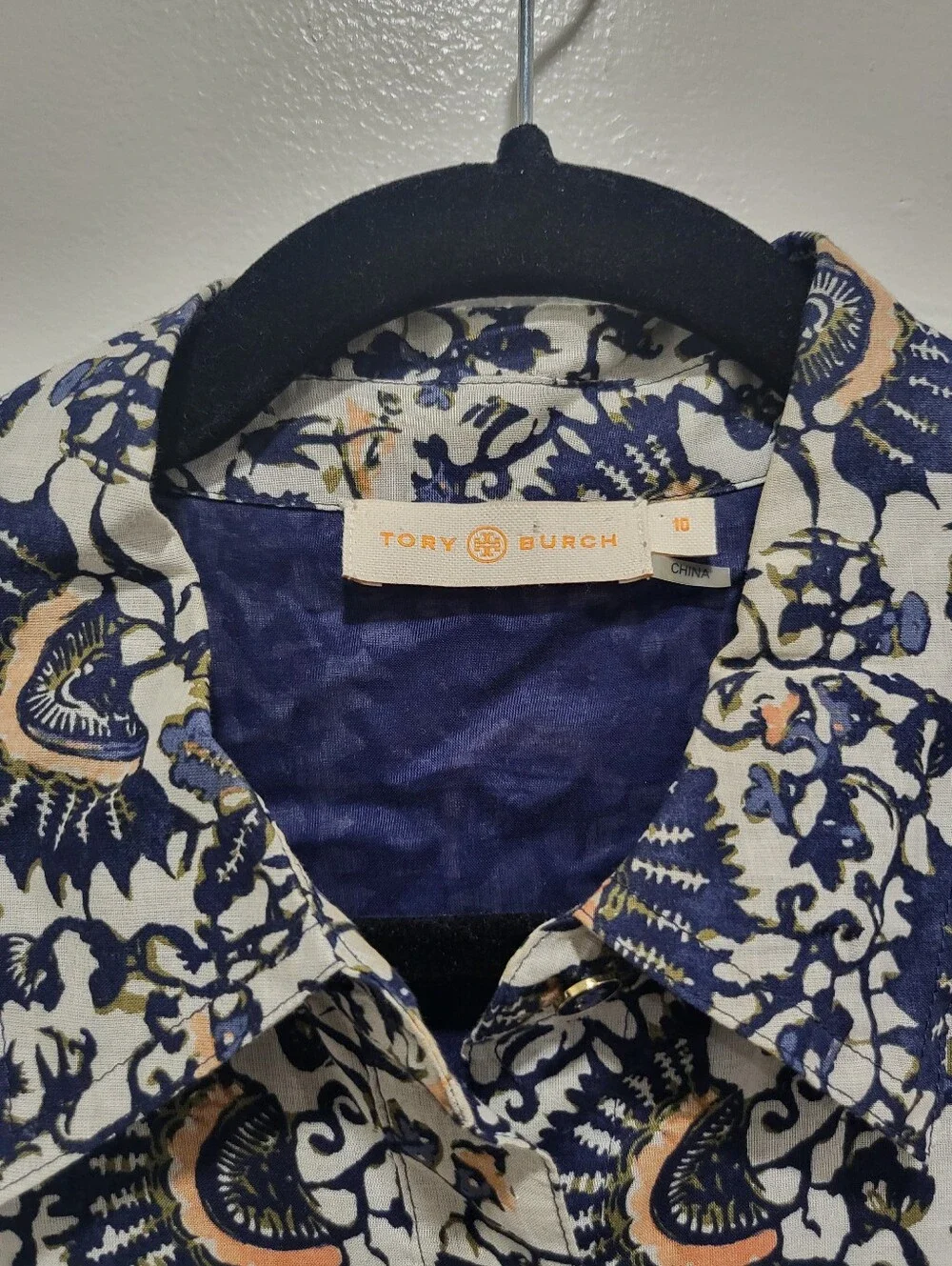 Tory Burch Brigette Cotton Voile Navy Printed Shirt Dress - Size 10